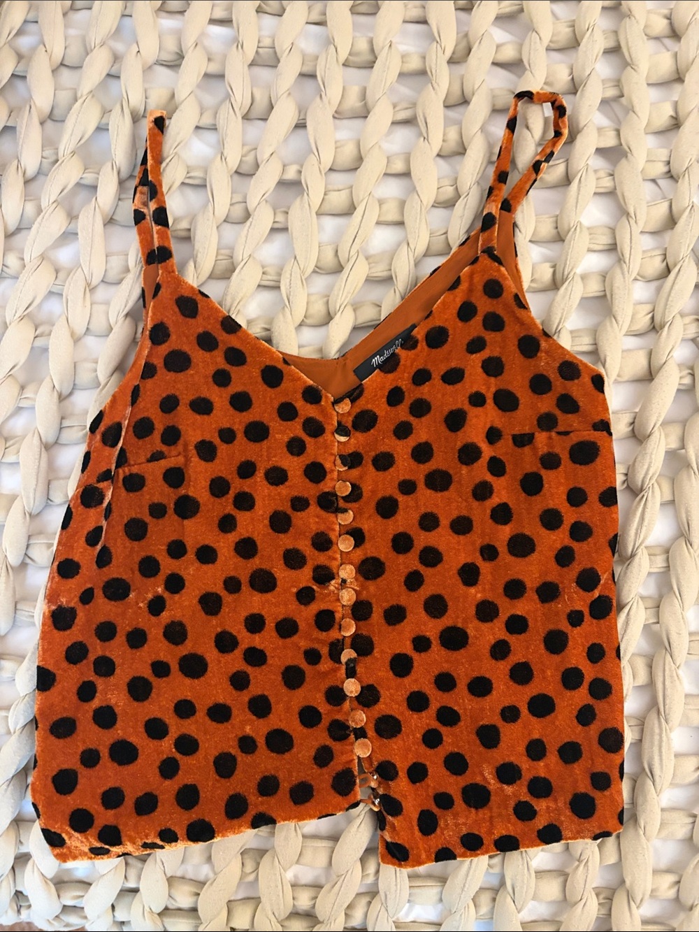Madewell Burnt Orange Velvet Polka Dot Button Cami